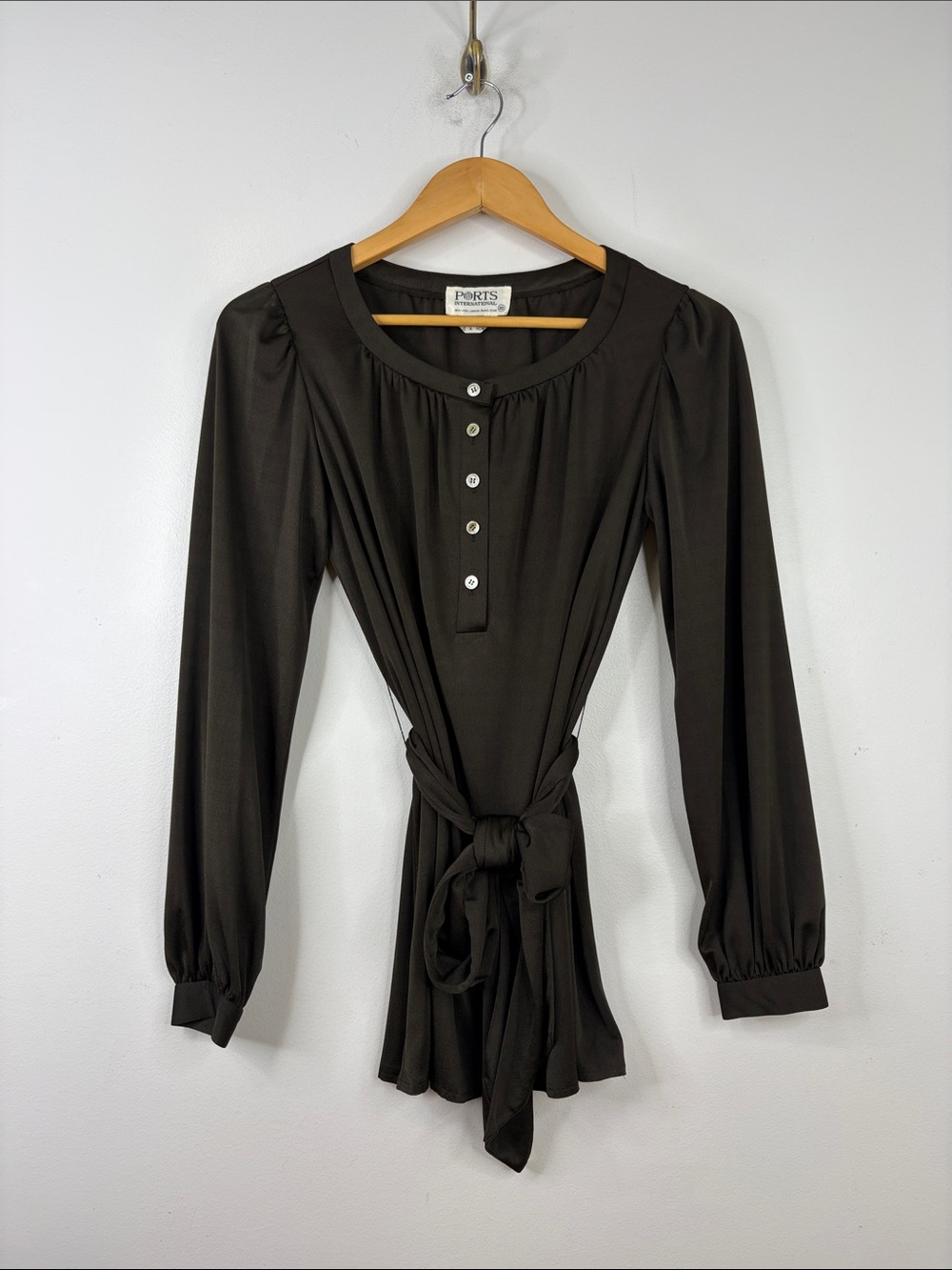 Vintage Blouse Women 10 Green Brown Satin Jersey Cinch Waist Ports International